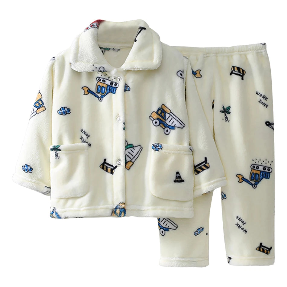 Cute Cartoon Pattern Coral Fleece Flannel Pajama Sets for Boys And Girls Long Sleeve Warm Comfortable Winter Sleepwear