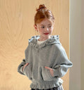 Girls Black Fungus Edge Hooded Knitted Jacket 2025 Spring Autumn New Girls Long Sleeve Zipper Short Coat Casual Versatile