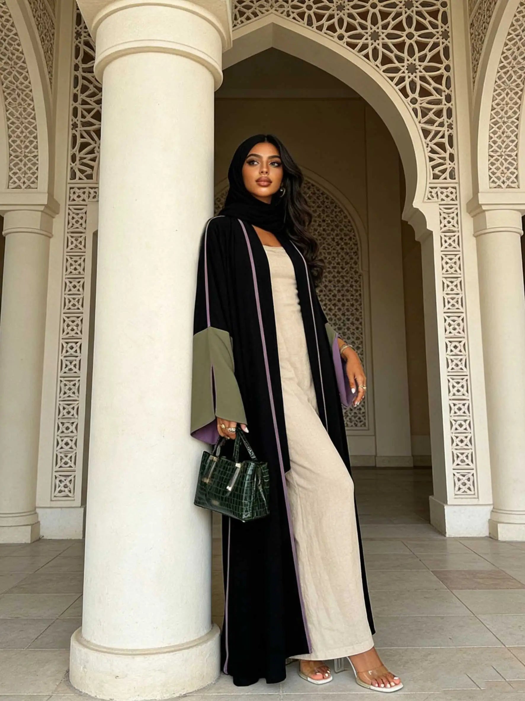 Chic Black Open-Front Abaya Purple Trim & Olive-Purple Color-Block Bell Sleeves Women Muslim Moroccan Kaftan Ramadan Jalabiya