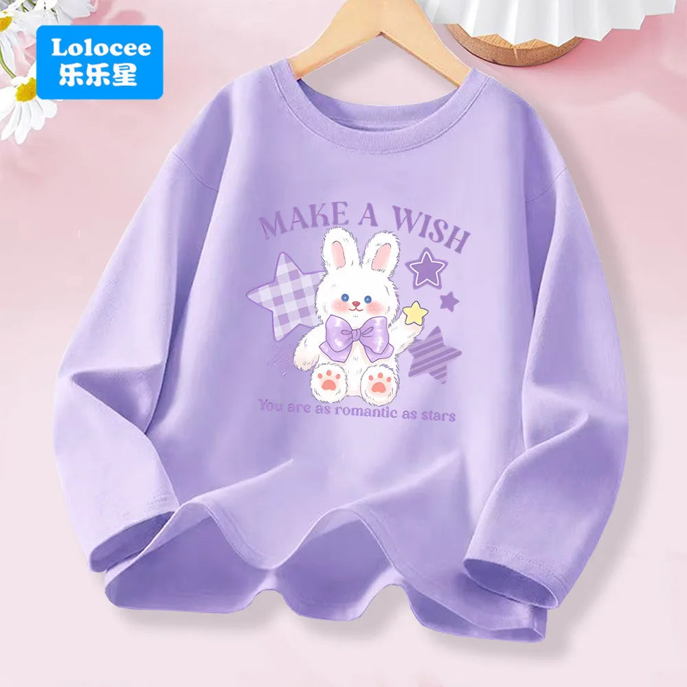 3-14years Girls' Pink Long Sleeve T-shirt - Cute "FRESH" Drink & Animal Print Kids Cotton Top 2026 Spring New