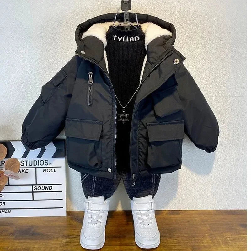 Kids Black Hooded Down Jacket (3–8Y)