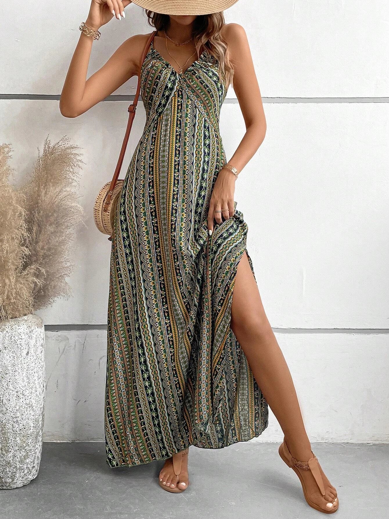 Women's Summer Ethnic Pattern Backless Split Thigh Dress Ladies Summer Clothes Boho Fashion Frill Trim Long Dress for Beach