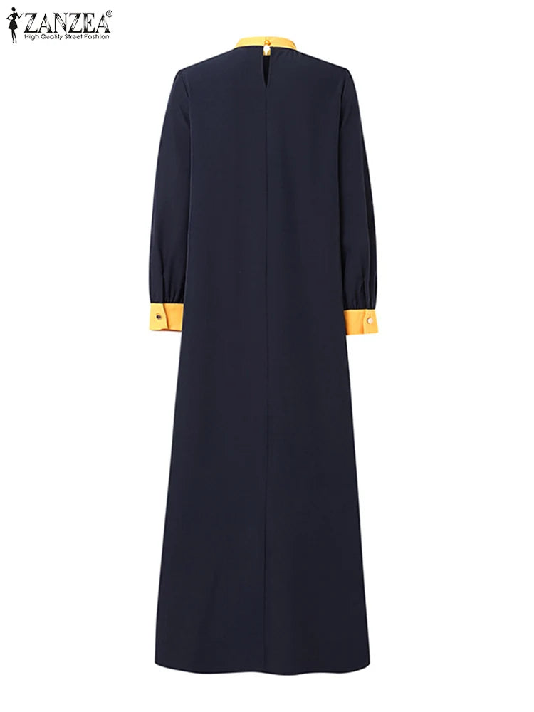 ZANZEA Women Vintage Patchwork Dress Robe Femme Islamic Clothing Ramadan Maxi Vestido Casual Long Sleeve Abaya Muslim Sundress