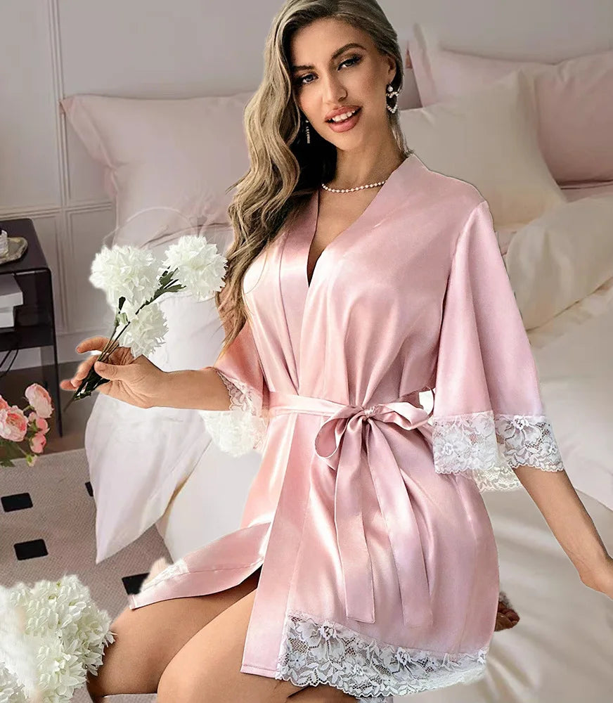 2025 New Ladies Elegant Satin Robe Lace Trim Kimono Short Sleepwear Nightgown V Neck Belted Bridal Loungewear Bridesmaid Gift