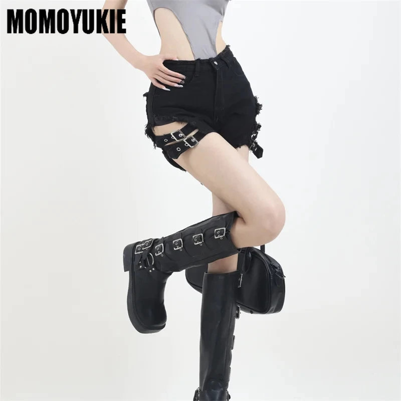 Summer Vintage Trend Hot Girls Harajuku High Waisted Irregular Denim Shorts Goth Rock Sexy Women Shorts Slimming Versatile