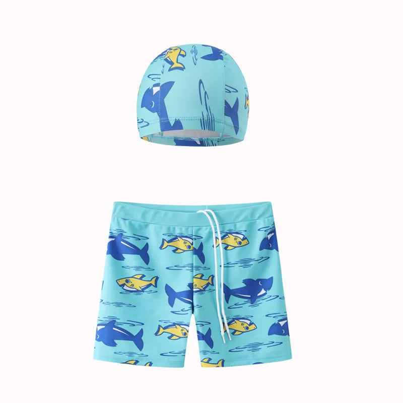 2-piece Set of Summer Children's Swim Trunks Swim Caps Boys' Swimwear Quick Drying Shorts Cartoon Print Beach Swimwear Ages 4-16