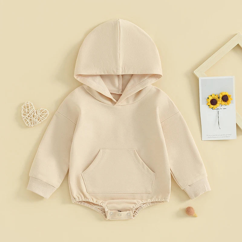 0-24months Baby Hooded Romper Long Sleeve Front Pocket Solid Color Bodysuit For Newborn Boys And Girls Spring Autumn Playsuit