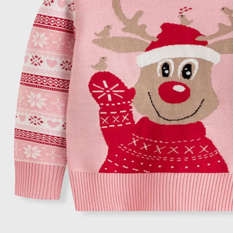Winter Girls' New Reindeer Print Cartoon Cute Long Sleeved Christmas Fashion Simple and Versatile Knitted Round Neck Sweater