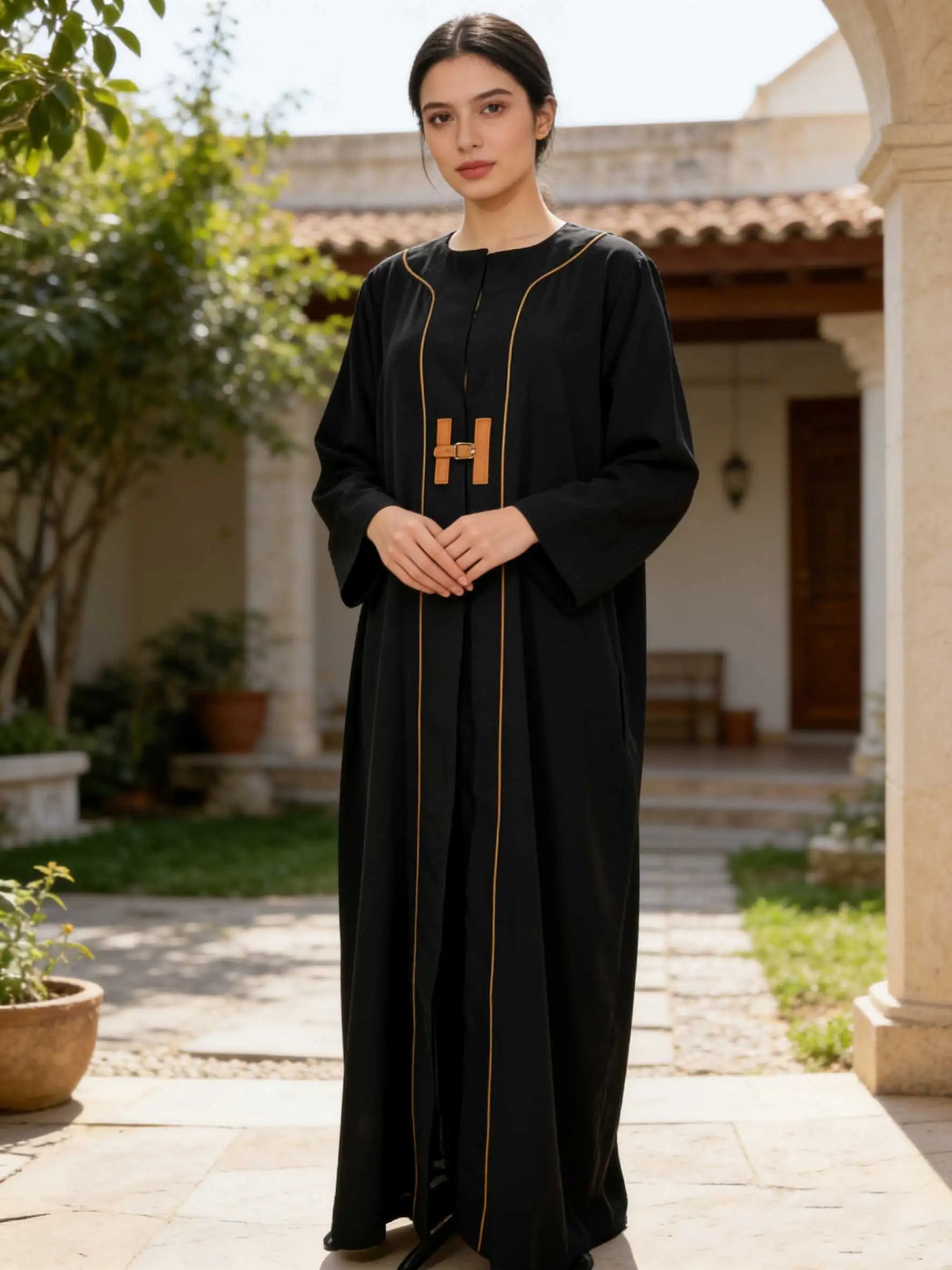 Chic Black Abaya Leather Buckle Detail Long Sleeve Maxi Dress Women Muslim Moroccan Kaftan Ramadan Islam Dubai Arabic Robes 2026