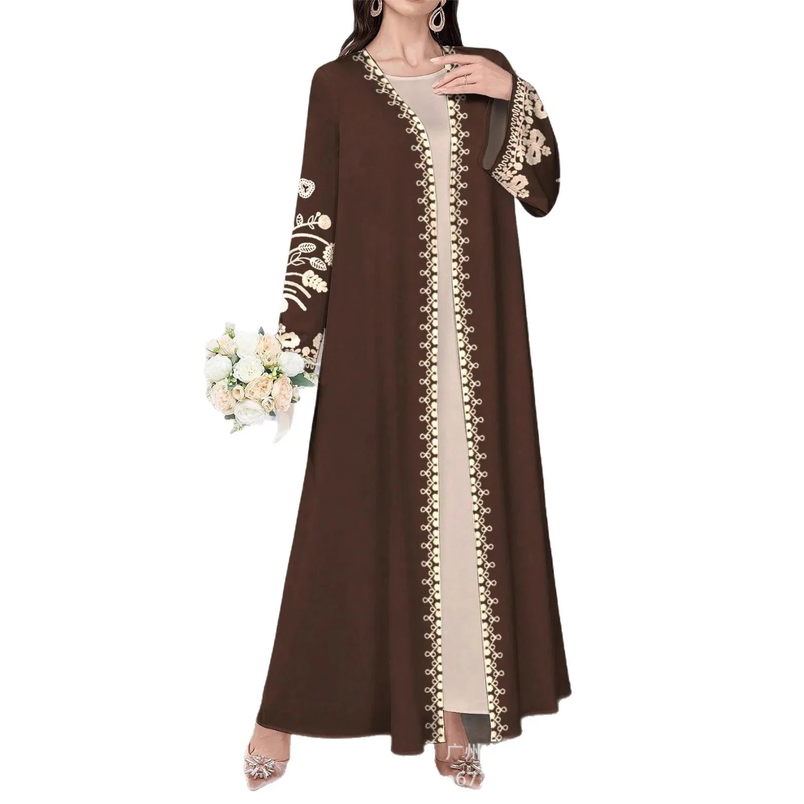 Muslim Women's Long Sleeve Printed Abaya Cardigan Elegant Fashion plus Size Outerwear Polyester Fabric Digital Printing