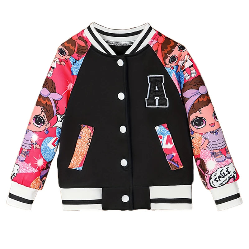 Girls Letter "A" Pattern Cartoon Doll Print Baseball Uniform Jacket, Children's Spring and Autumn Casual Jacket