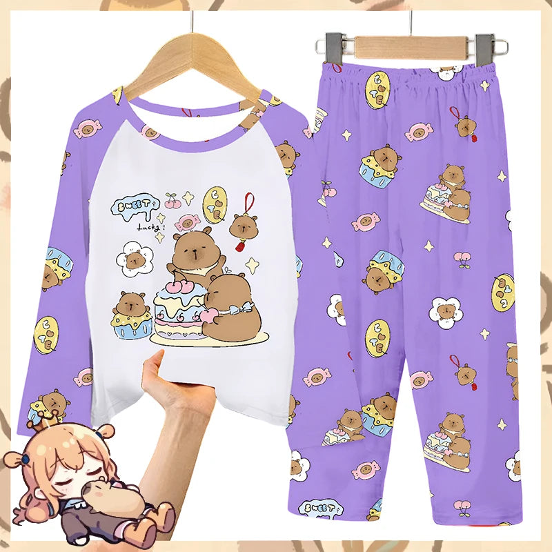2pcs Capybara Printed Pajama Set for Kids, Soft Long Sleeve Top & Pants, Round Neck, Capibara Home Wear Set for Boys and Girls