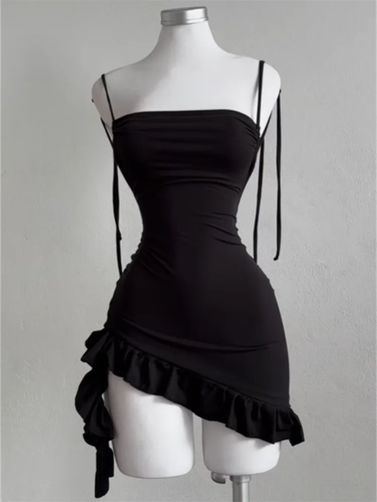 Sleeveless Backless Ruffles Mini Dress Women Summer Y2K Lace Up Black Bodycon Dresses Party Club Streetwear 2025 New Sundress