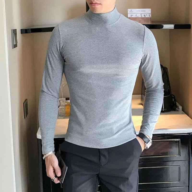 Spring New Men's Turtleneck T-shirt Long Sleeve Slim Fit Solid Color High Elastic Bottoming Pullovers Basic Style Male Tops