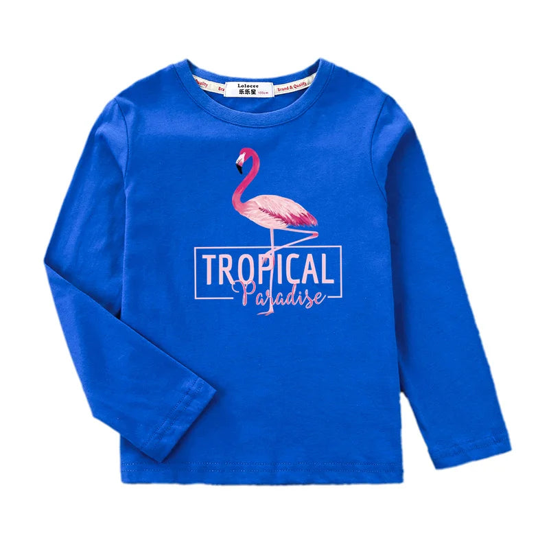 2024 New Flamingo Long Sleeved T-shirt Little Girls in Autumn Round Neck Cotton Tops Children Fashion Tees 3-14 Age