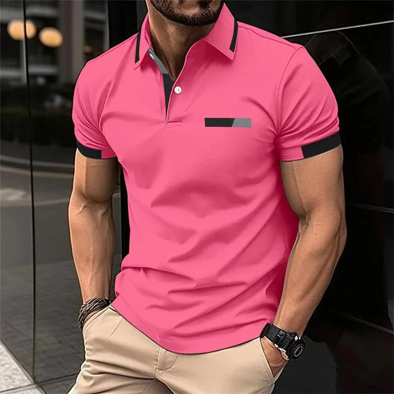 Men's fitness casual sports T-shirt, gym running sports elastic short-sleeved Polo shirt, lapel top, men's tight T-shirt