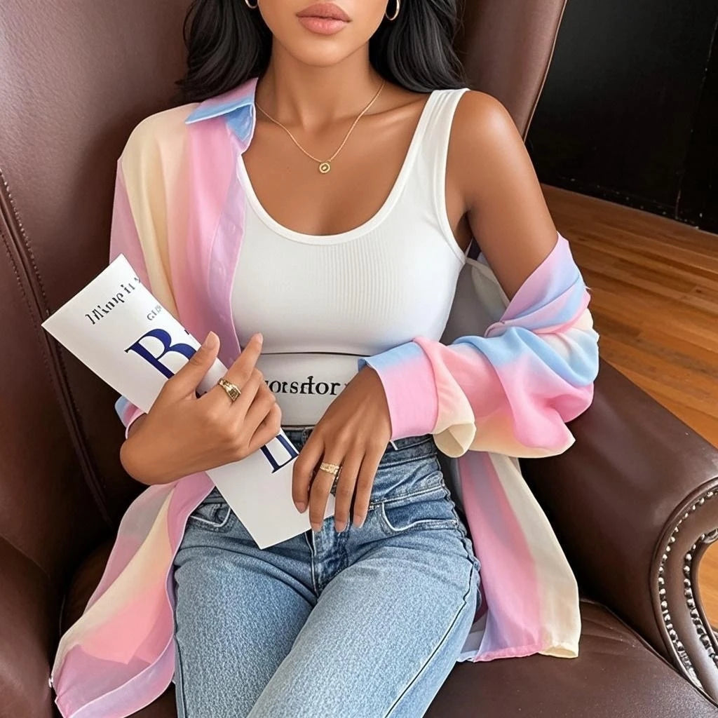 See-through Irregular Gradient Rainbow Long Sleeved Shirt And Blouses Thin For Women Clothes Loose Top Pink Casual Fashion Trend