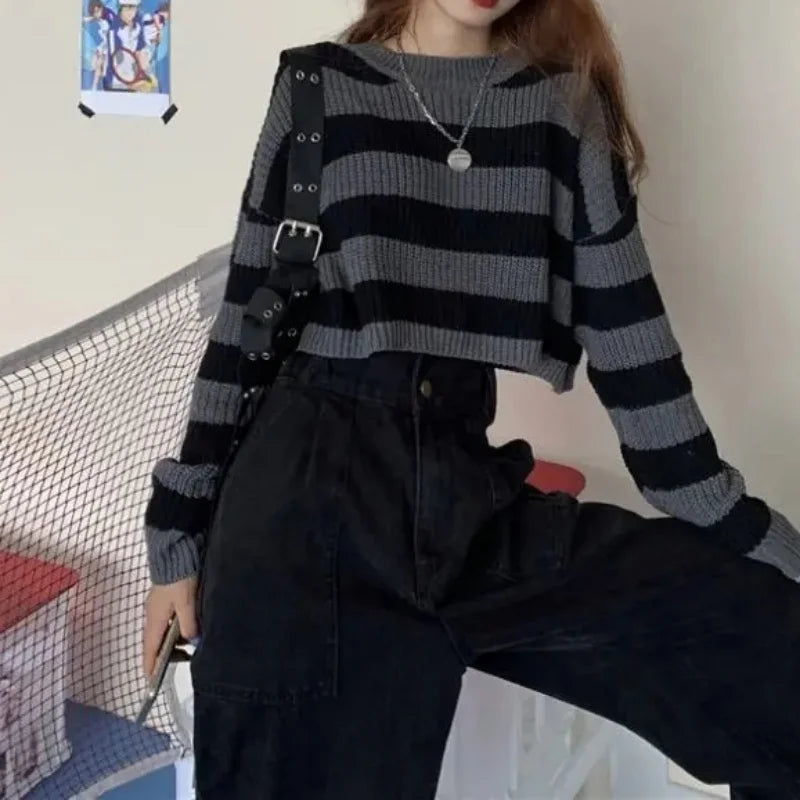 Korean Striped Cropped Knit Sweater