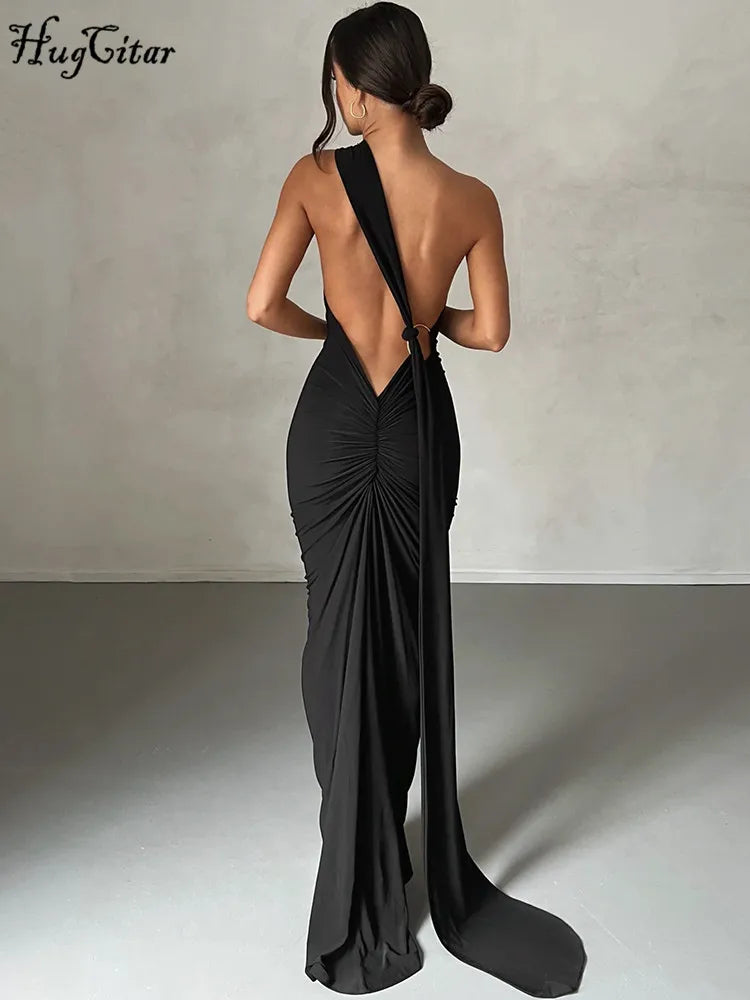 Hugcitar Sexy Maxi Dress WomenOne Shoulder Backless Adjustable Scarf