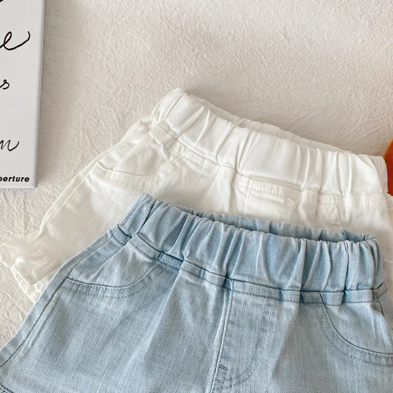 2025 New Kid's Shorts Fashion Girls Summer Denim Ruffle blue Jeans 2-7Y Children's Casual Daily Wear Pants