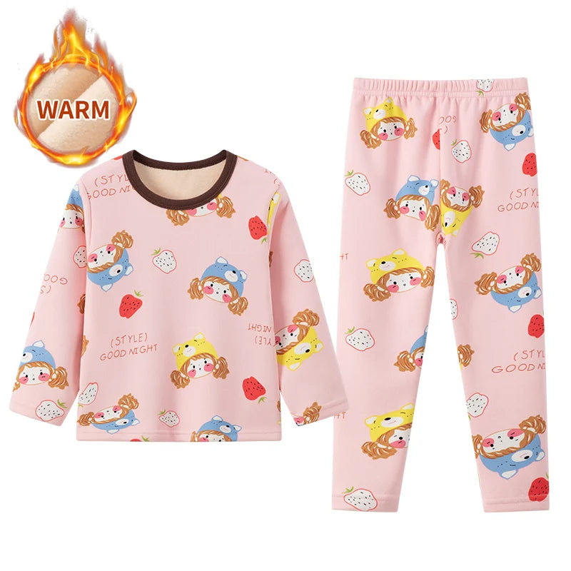 2-piece winter plus velvet children's cute printed pattern long-sleeved trousers for boys and girls Joker pajamas home service s
