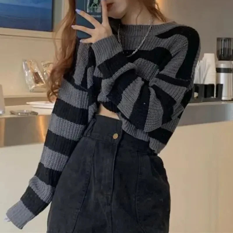 Korean Striped Cropped Knit Sweater