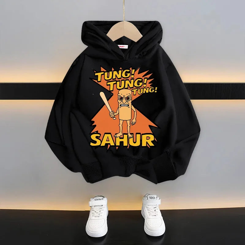 Italian Brainrot Kids Hoodie Funny Cartoon Graphic Thin Sweatshirts Tung Tungtung Sahur Casuals Long Sleeves Tops Boys Clothes