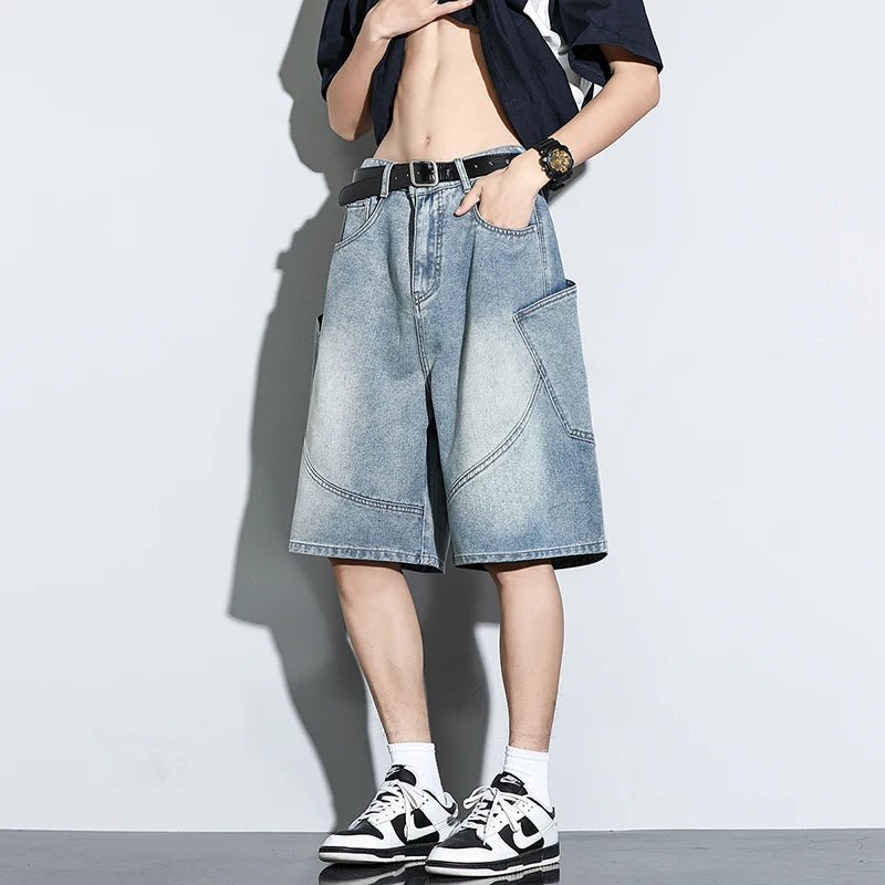 Summer New Baggy Denim Shorts Fashion Casual Straight Harajuku Jeans Male Vintage Wash Drawstring Short Pants Streetwear