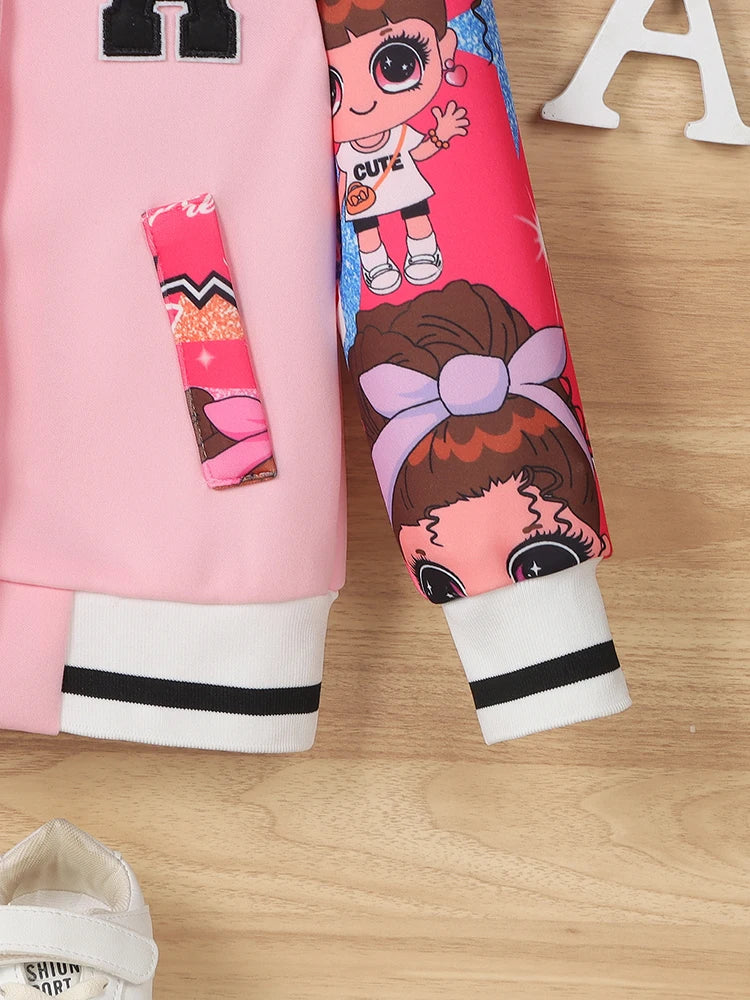 Girls Letter "A" Pattern Cartoon Doll Print Baseball Uniform Jacket, Children's Spring and Autumn Casual Jacket