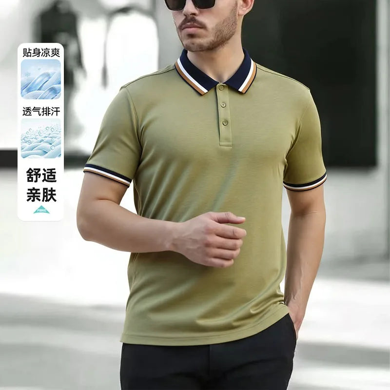 Summer Short Sleeve Men's Solid Color Casual Lapel Polo Shirt Fashion Button Top
