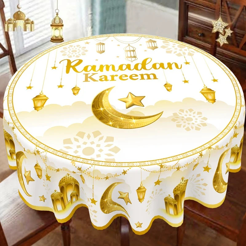 Ramadan Kareem Eid mubarak Polyester Round Tablecloth Ramadan Decor For Home 2026 Islamic Muslim Party Supplies EID Al Adha