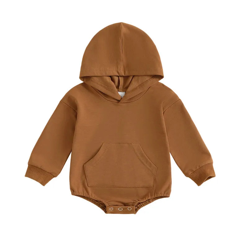 0-24months Baby Hooded Romper Long Sleeve Front Pocket Solid Color Bodysuit For Newborn Boys And Girls Spring Autumn Playsuit