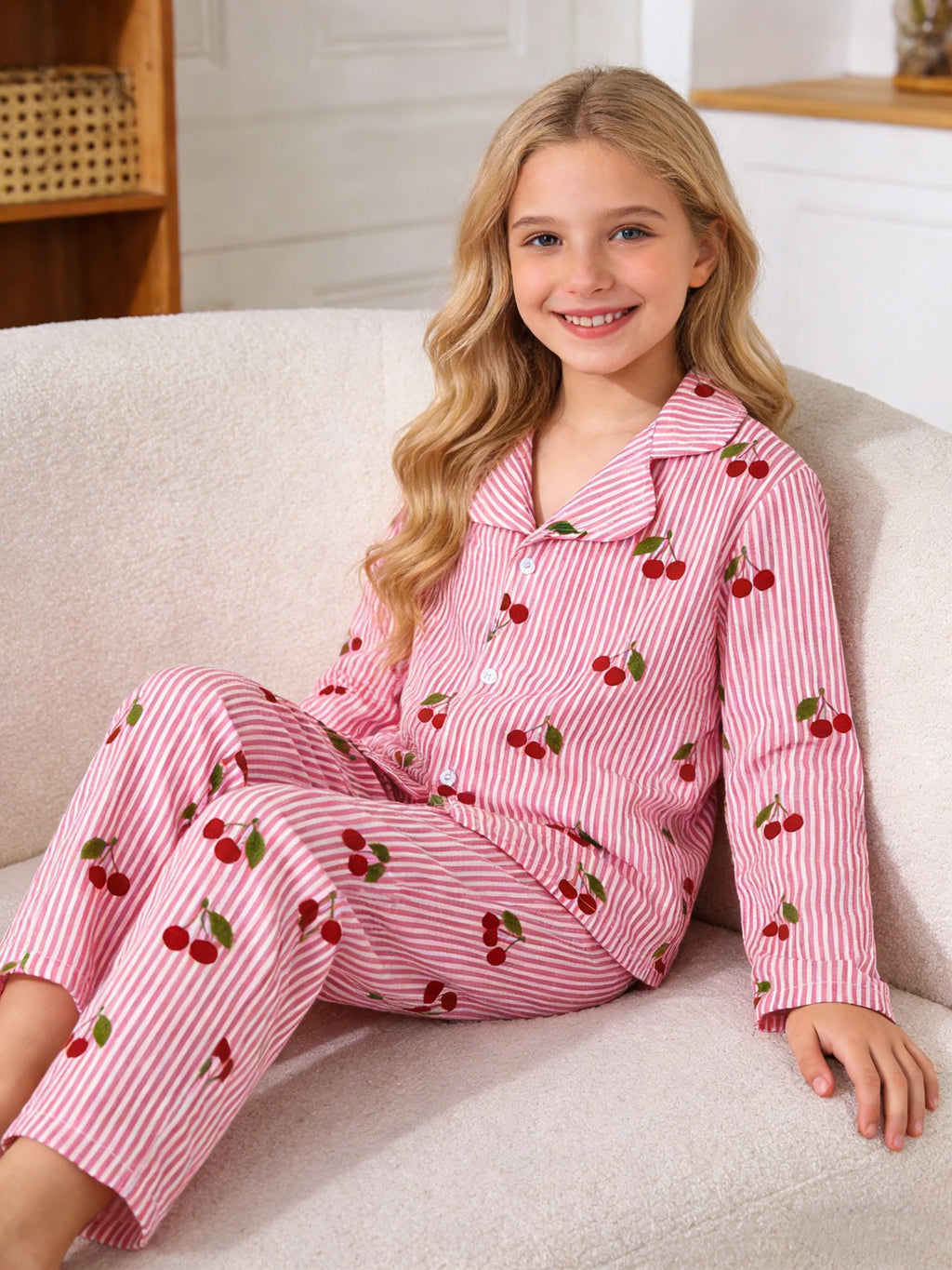 Girls' sleepwear and pants set for spring and autumn, girls' cherry top and pants for home wear, suitable for home wear
