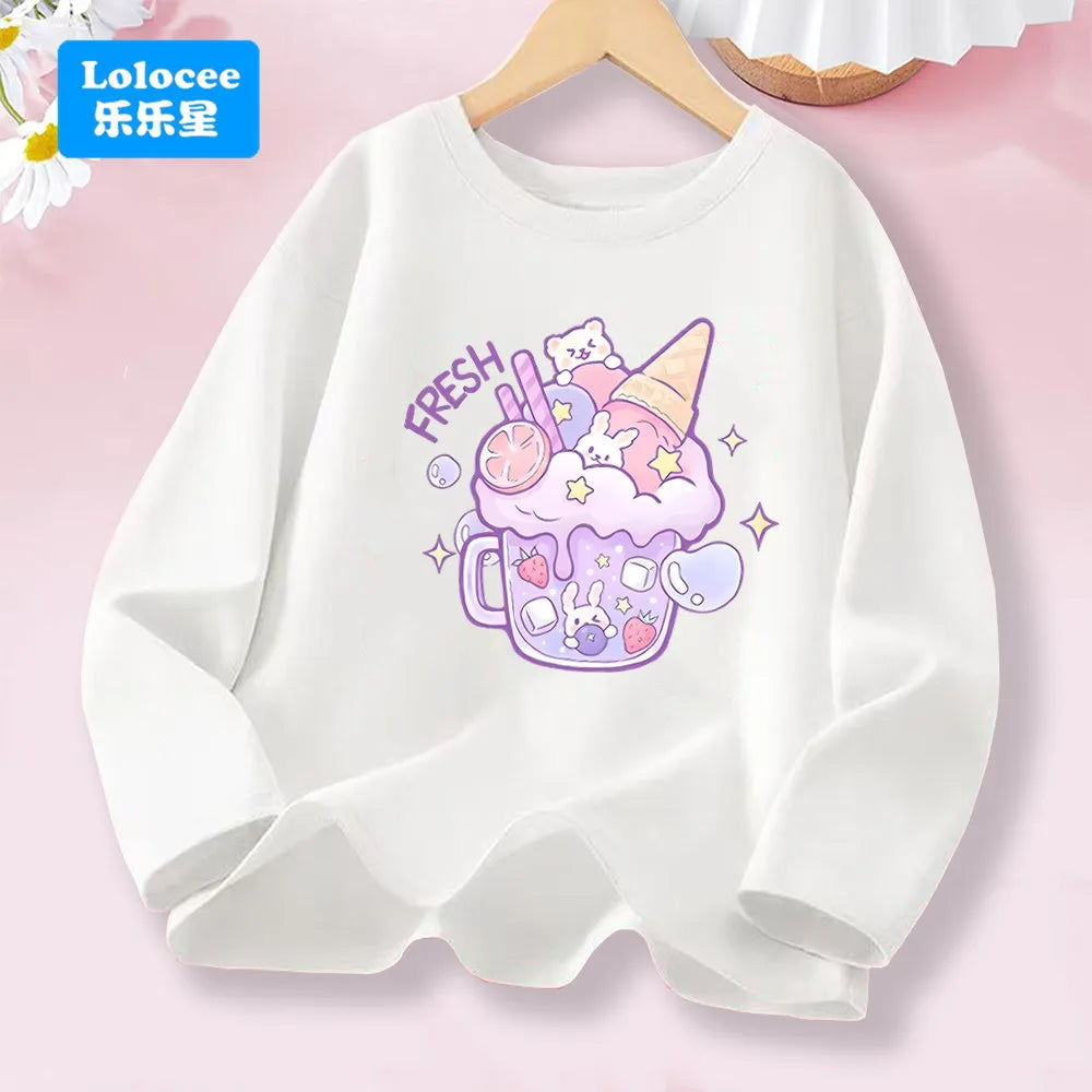 3-14years Girls' Pink Long Sleeve T-shirt - Cute "FRESH" Drink & Animal Print Kids Cotton Top 2026 Spring New