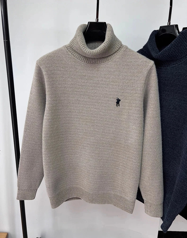 High end brand velvet sweater men's new fashion designer exquisite pony embroidery winter thick warm high neck knitted pullover