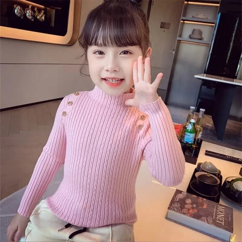Girls Sweater Winter Decorative Buttons High Neck Solid Color Bottom Shirt Multicolour Children High Elasticity Knit Pullover