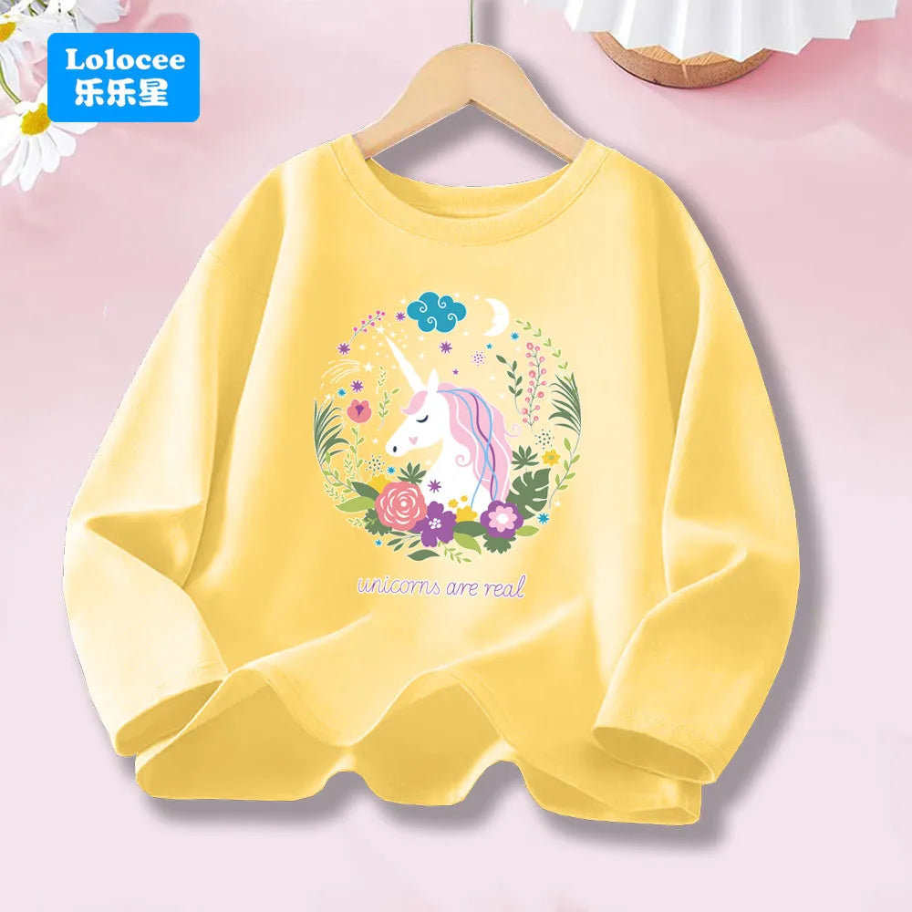 Girls Spring Autumn 8 colors Long Sleeve T-shirt Kids Floral Unicorn Graphic Tops Tee For Kids 3-14years DJSHH1