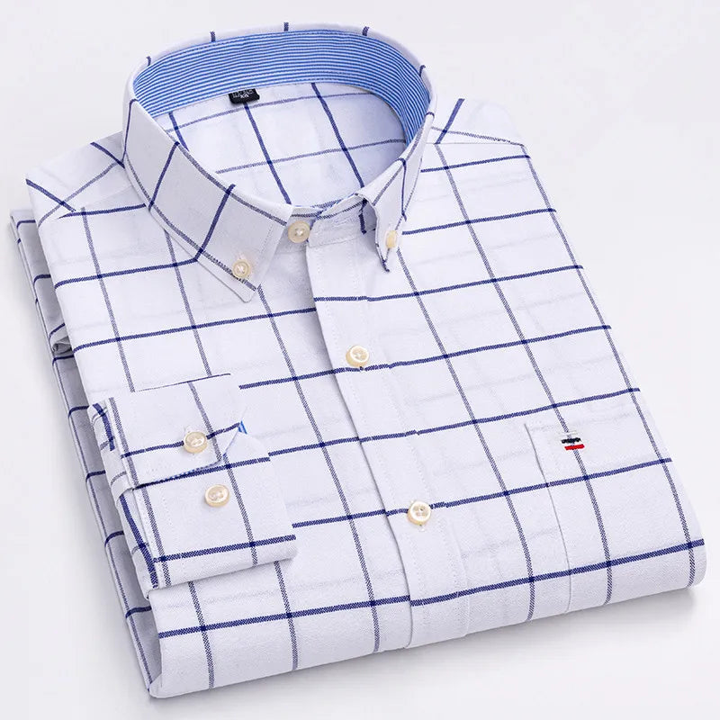 Men's 100% Cotton Shirt Long Sleeve Plaid Oxford Casual Solid Color Print Regular Fit Formal Dress Shirt Oversized 7XL  6XL 5XL