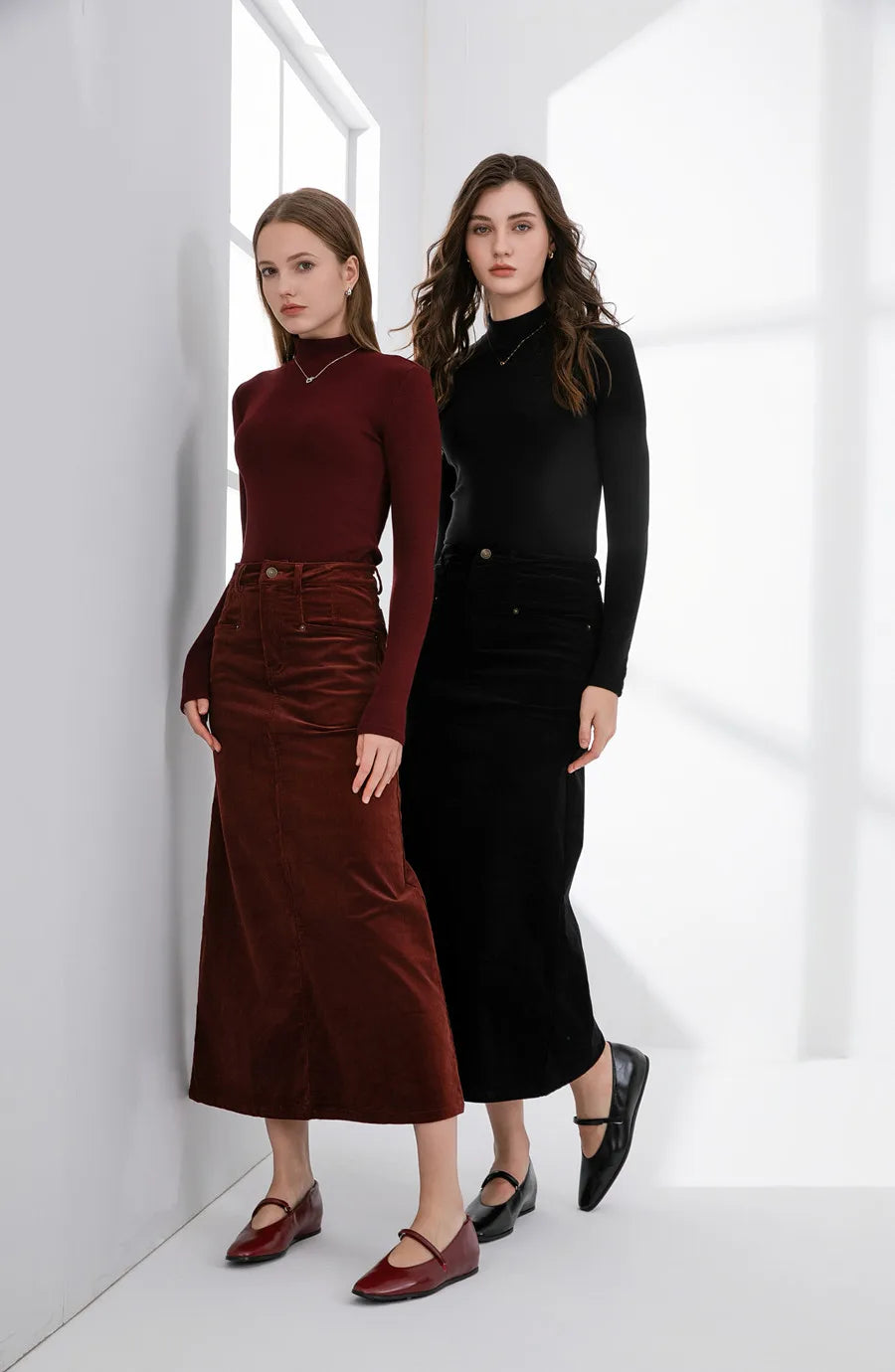 Retro Corduroy Skirt & Stretch Basic Top Set