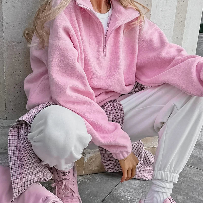Pink Winter Lamb Fleece Hoodie Women Zipper Lapel Pullover