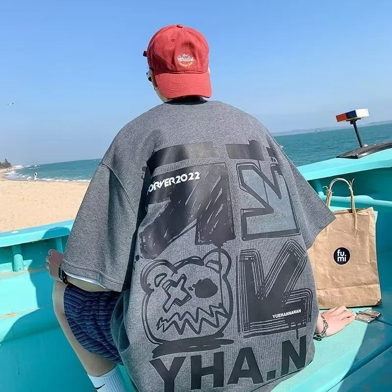 M-8xL Spring Men's T-shirt Short Sleeve Cartoon Graffiti Print Male Female Alphabet