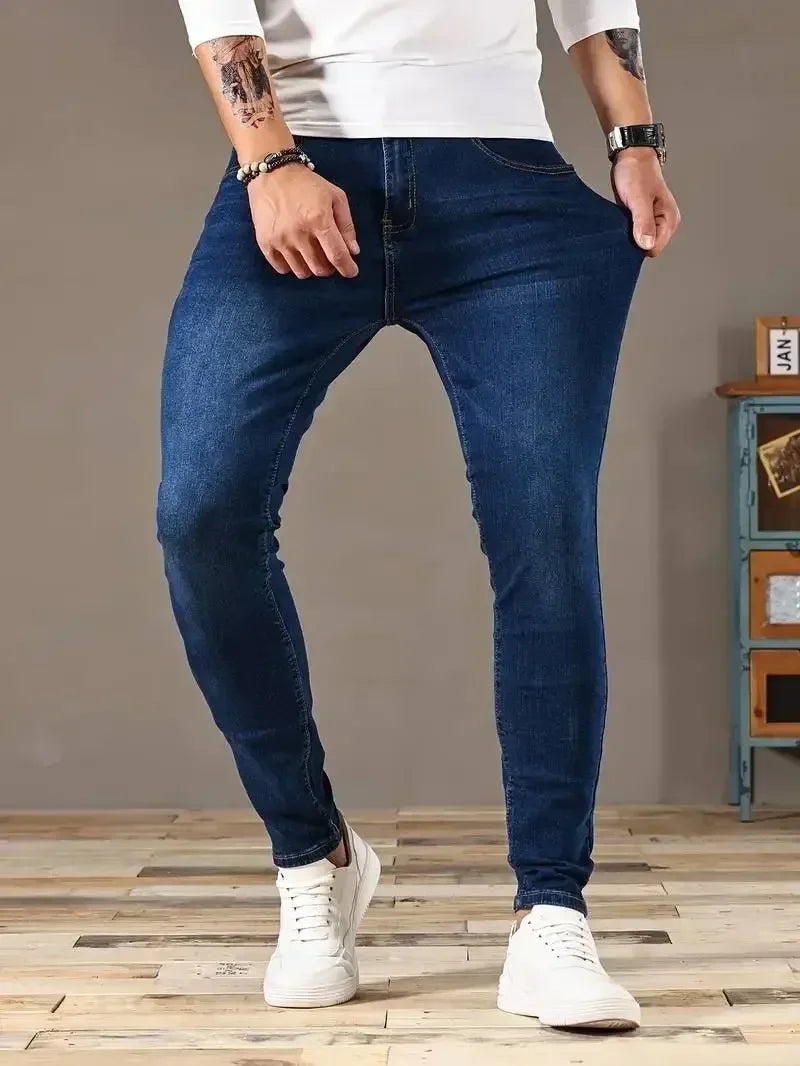 Men Jeans Stretch Skinny Denim Pants Solid Color Black Blue Spring Luxury Street Harajuku Hip-Hop Style Slim Fit Trousers Brand
