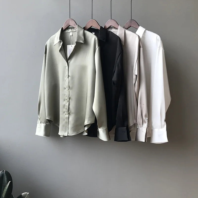 Spring Satin Button-Up Blouse for Women