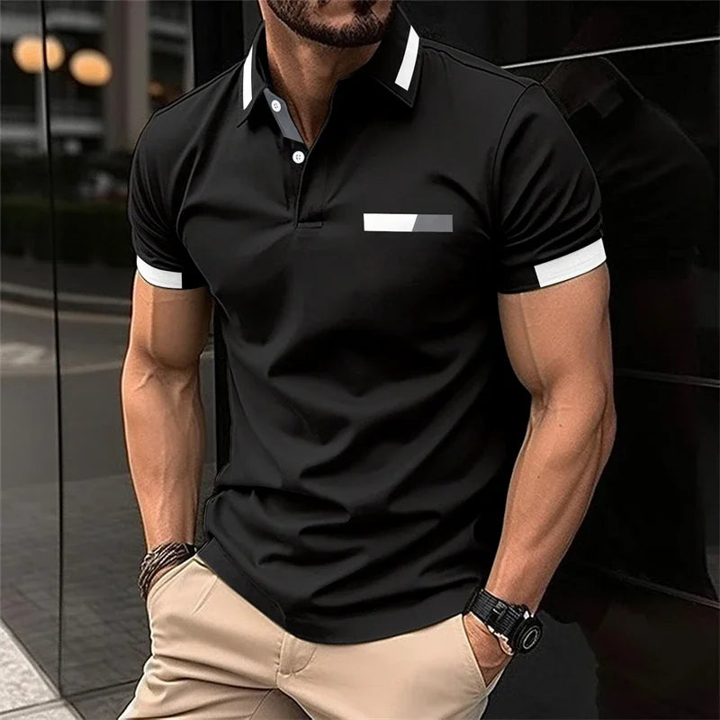 Men's fitness casual sports T-shirt, gym running sports elastic short-sleeved Polo shirt, lapel top, men's tight T-shirt