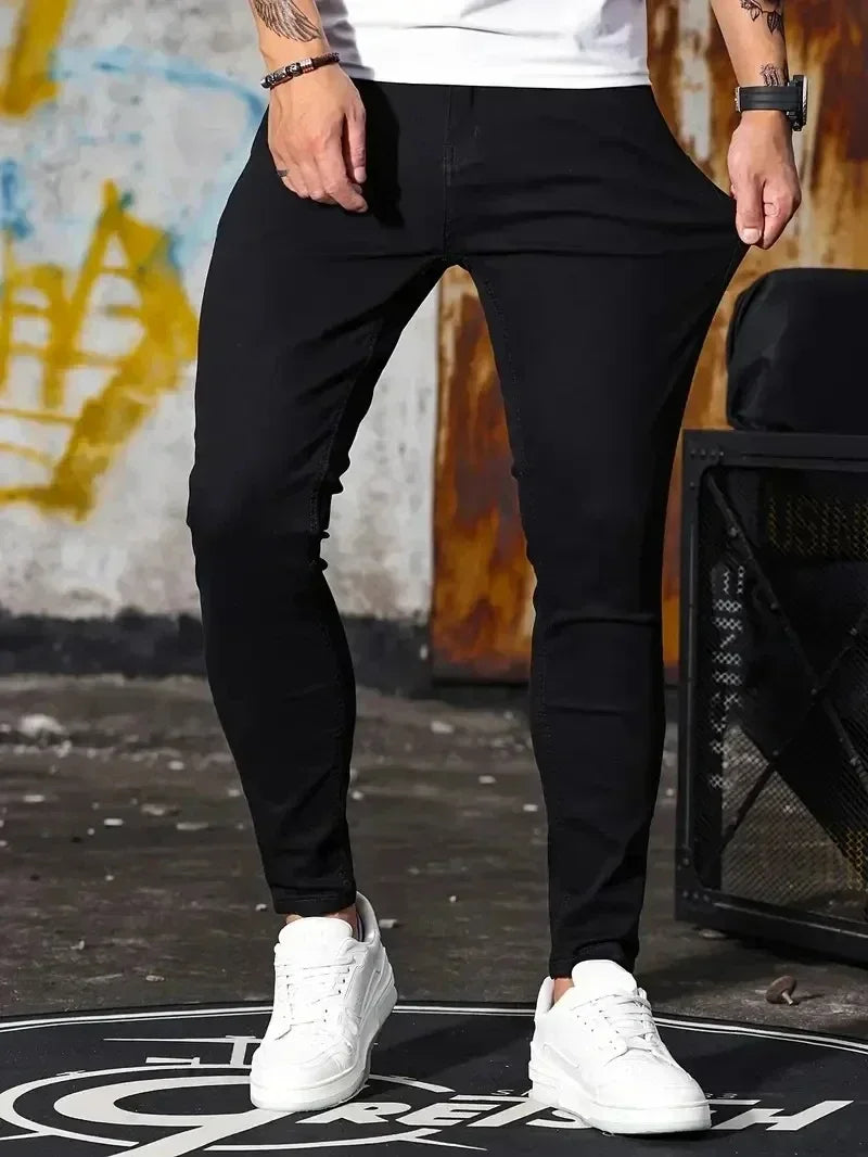 Men Jeans Stretch Skinny Denim Pants Solid Color Black Blue Spring Luxury Street Harajuku Hip-Hop Style Slim Fit Trousers Brand