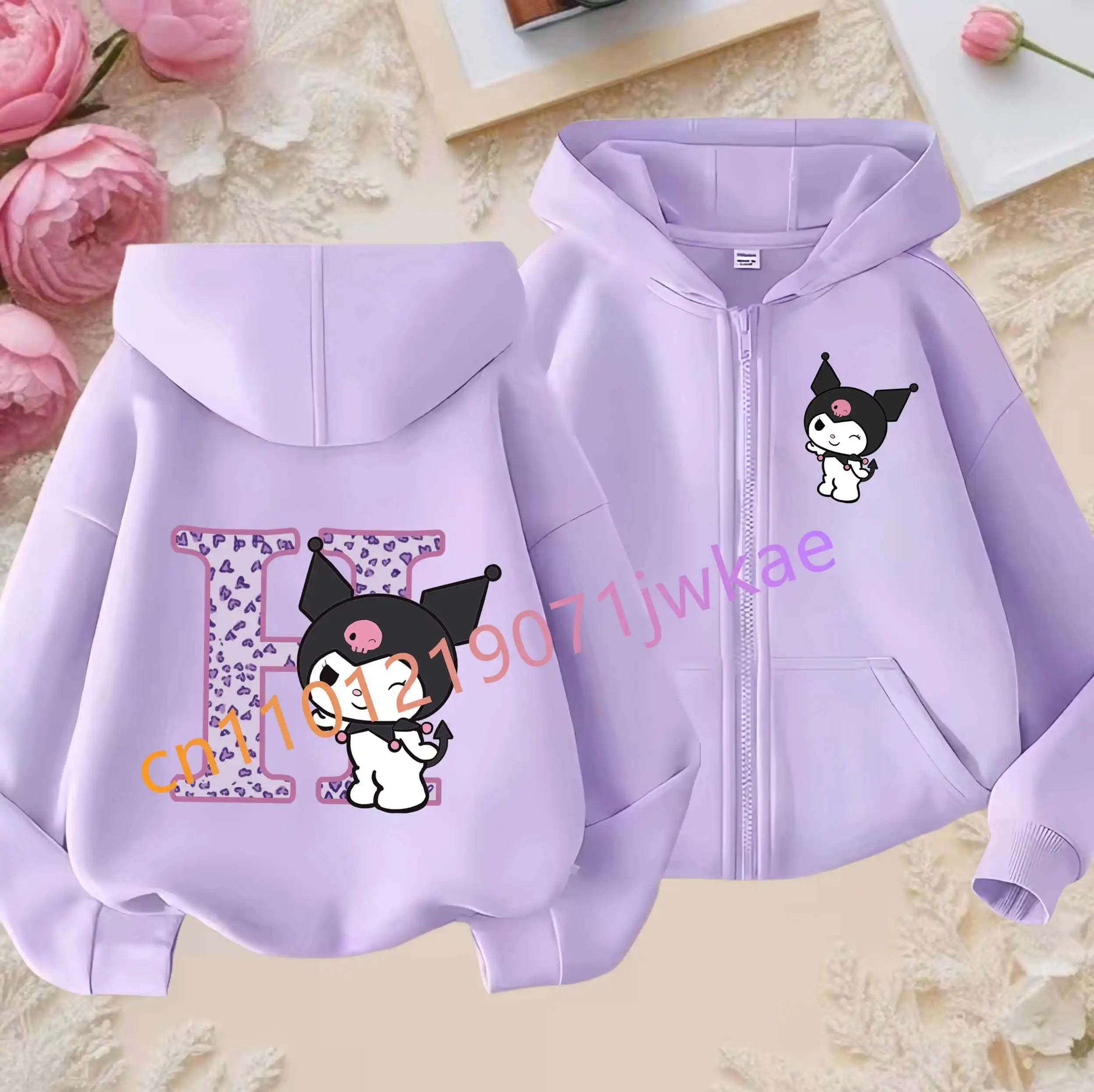 Kuromi Jacket ‌Princess Coat Cartoon Letter A-Z Sanrios Kids Hooded Sweatshirt Cute Tops Outerwear Girl Clothes Birthday Gift