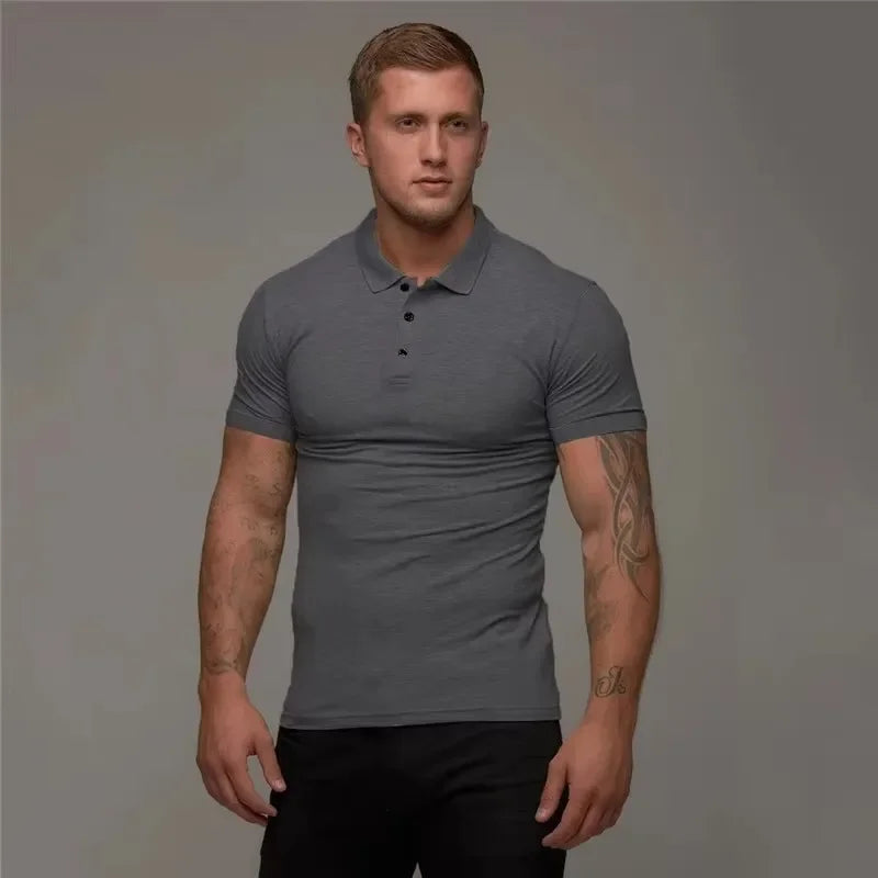 New Summer Fashion Mens Solid Short Sleeve Polo Shirts Slim Fit Turn Collar Male Gym Bodybuilding Fitness Polo Shirt
