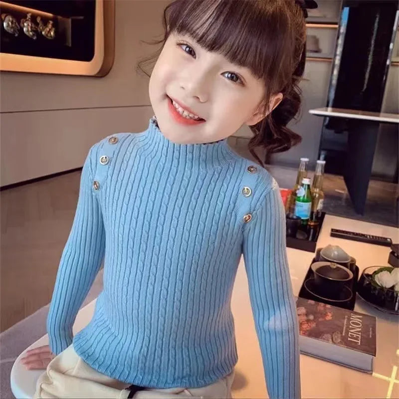 Girls Sweater Winter Decorative Buttons High Neck Solid Color Bottom Shirt Multicolour Children High Elasticity Knit Pullover