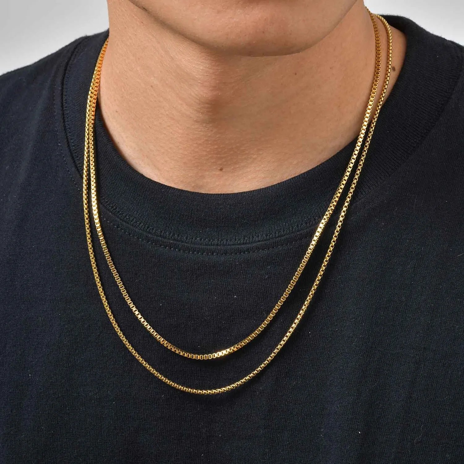 2pcs/set Thin Chain Necklace for Men Boys,Stainless Steel Gold Silver Color Box Chain Collars,Stylish Male Jewelry Gift