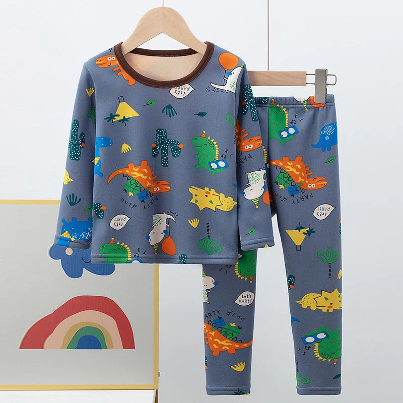 2-piece winter plus velvet children's cute printed pattern long-sleeved trousers for boys and girls Joker pajamas home service s